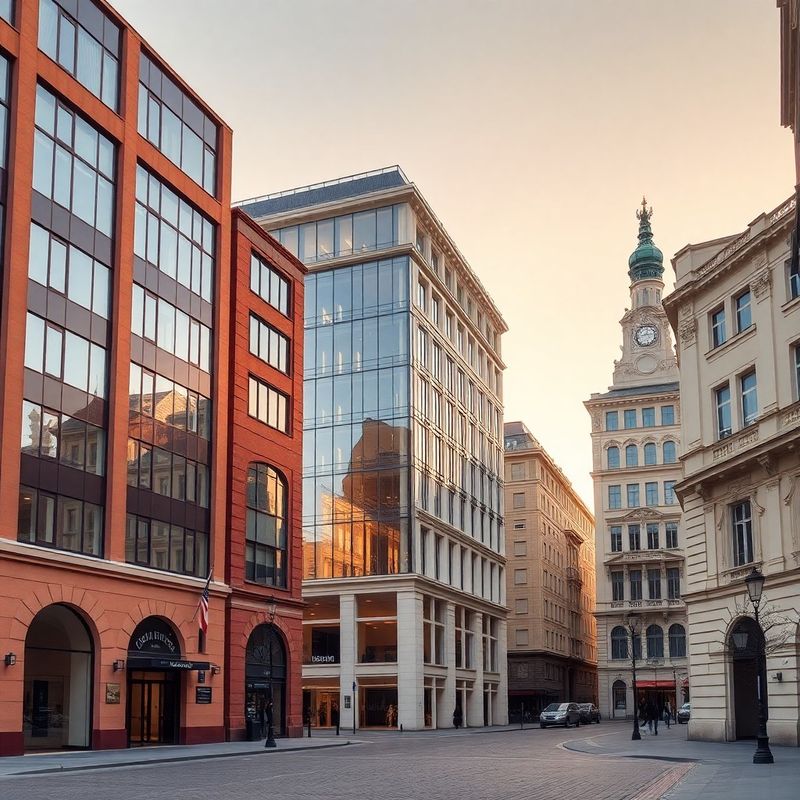 Moderný európsky finančný komplex v zlatých tónoch súmraku